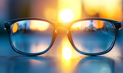 Eyeglasses reflect a blurred, vibrant sunset cityscape with beautiful warm and cool color contrast on a tabletop