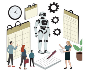Artificial Intelligence Productivity Illustration Vector Office Scene with Robot, Calendar, Clock, and Team Planning.