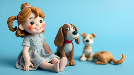 A cute smiling little girl in a dress sitting with her dog. Modeling clay (plasticine) figurines on a blue background.