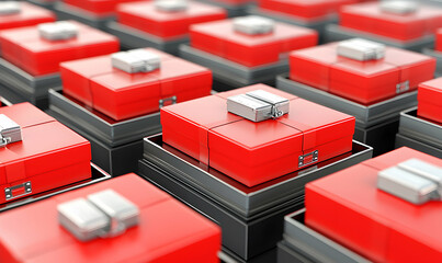 Symmetrical, red gift boxes, with silver bows, arranged evenly. Shiny surfaces and blurred edges add depth