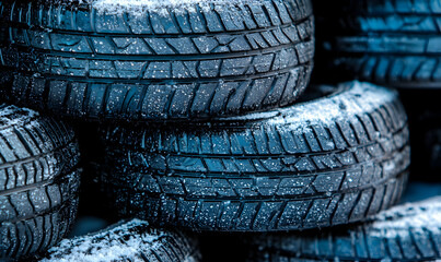 Stacked car tires, covered in snow, close-up texture. Cold weather gear for vehicles