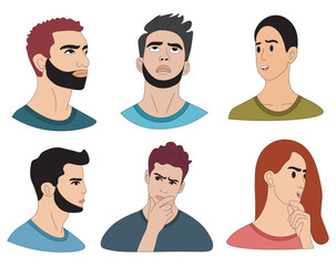 Obraz premium Set of Expressive Male and Female Character Faces Hand-Drawn Vector Portraits in Flat Cartoon Style.