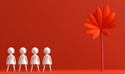 Minimalist Four white figurines face a stylized red flower. Solemn, clean, and modern composition