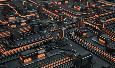 Complex circuitry. Black structures, orange glows, interconnecting lines evoke future tech, power, and abstract cityscape