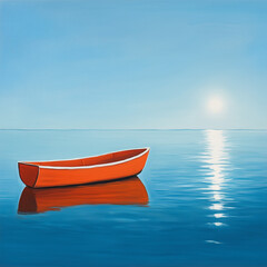 Naklejka premium ranquil summer scene featuring an orange boat floating on calm blue waters under a bright sun with clear skies and serene reflections. 