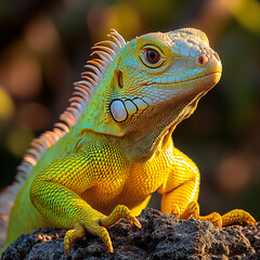 Fototapeta premium A close-up of a bright green iguana basking in the sun on a rock