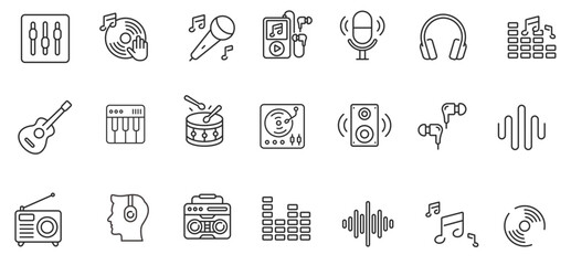 Music line icon set isolated on white background. vector