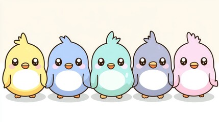 Pastel pixelated birds in a row forming an adorable colorful avian brigade offering a delightful touch of whimsy and innocent charm in a vintage style design