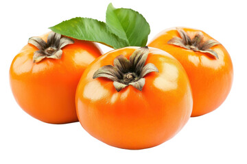 Close-up image of three vibrant orange persimmons, with green leaves,  perfectly centered against a black background.  The fruit are displayed in a visually appealing arrangement.