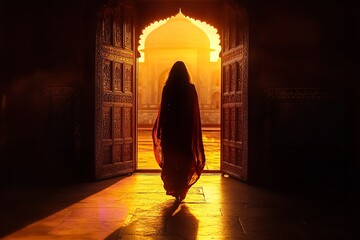 Woman in Red Sari Silhouette Golden Sunrise Taj Mahal India art calm dawn image photo retro light   
