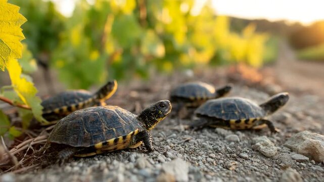 A charming scene depicting a group of four turtles grazing on a gravel path surrounded by lush greenery, showcasing the beauty of nature and wildlife interaction.