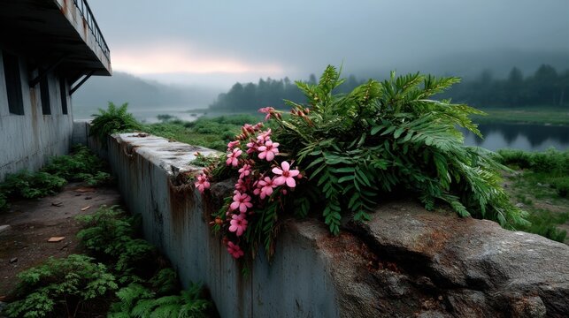 Pink flowers and green foliage growing on a stone wall with a misty river landscape in the background - Powered by Adobe