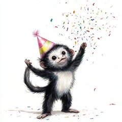 Celebrating joy with a playful monkey wearing a party hat and throwing confetti