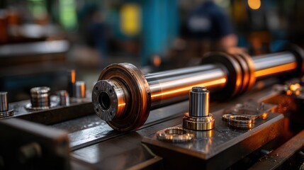 Naklejka premium Precise metallic components on industrial machine workbench