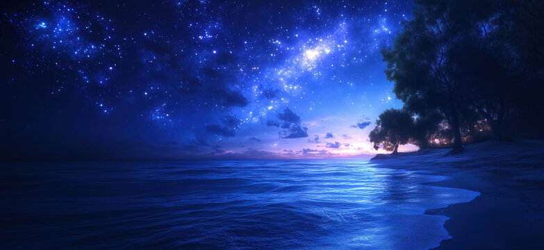 Stunning night sky over tranquil ocean with shimmering stars and serene shoreline. - Powered by Adobe