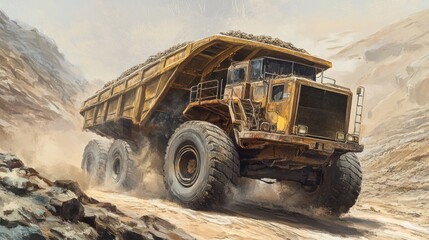 Massive Mining Truck Ascending Rocky Terrain