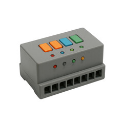 Gray electronic control module with four distinct colored buttons and four indicator lights above eight front connection ports.