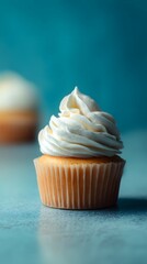 A charming cupcake set against a soft beige background