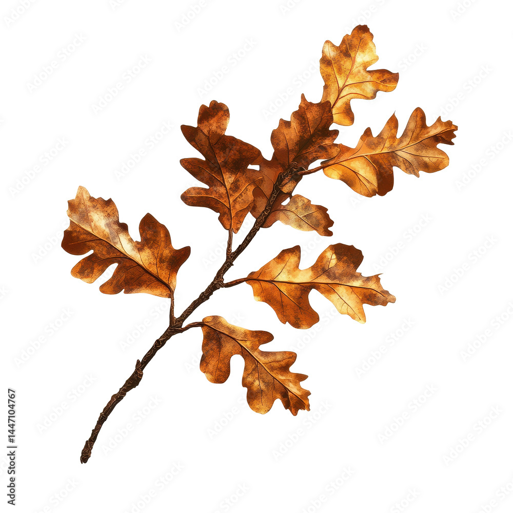 Poster oak branch with autumn leaves casting a shadow in warm, earthy tones, oak branch with autumn brown d