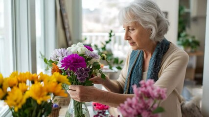 A serene senior woman delicately arranging a vibrant bouquet of colorful flowers at a sunlit window, showcasing her love for floral artistry and nature's beauty.