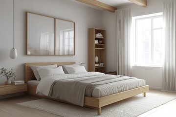 A clean and serene bedroom with a Scandinavian-inspired design, light wood furniture, and soft textures