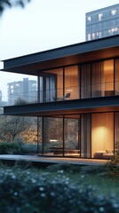 Modern two-story house with glass facade and wooden accents