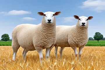 Fototapeta premium Majestic Sheep Duo in Golden Wheat Field.