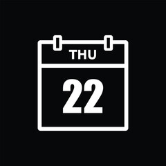 calender icon, 22 thursday icon with black background	