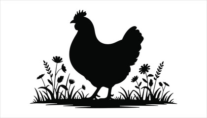 Black Chicken Silhouette Illustration, Pair of Rooster and Hen, Farm Animal Vector