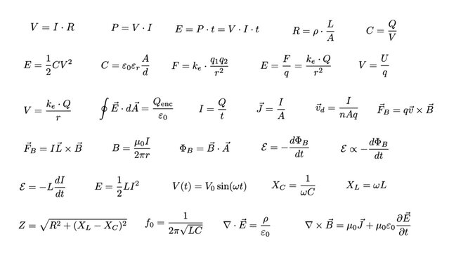 Set, collection of essential physics formulas and equations from electricity and magnetism, ideal for education, science visuals and infographics, transparent background