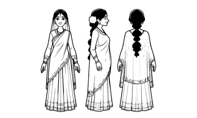 Indian mom Woman Girl character model sheet front to back all view 