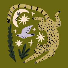 Boho groovy leopard or cheetah wild cat illustration in abstract cartoon childish scandinavian style african oriental style, cute animal hand drawn flat vector clip-art adorable funny exotic animals