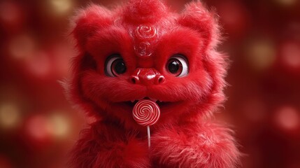 Fototapeta premium Crimson critter with lollipop stares intently