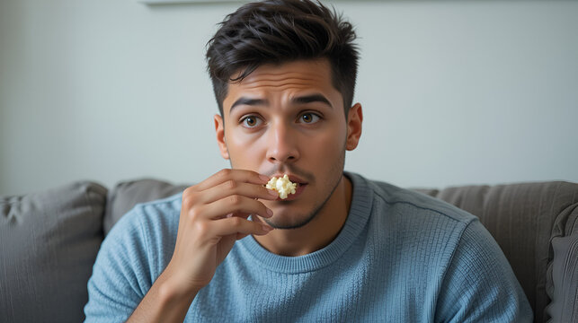 Young mixed race man eating popcorns sitting on the sofa confused, feels doubtful and unsure.