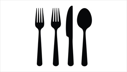 Cutlery Set Icon: Fork, Knife, and Spoon Black Silhouette