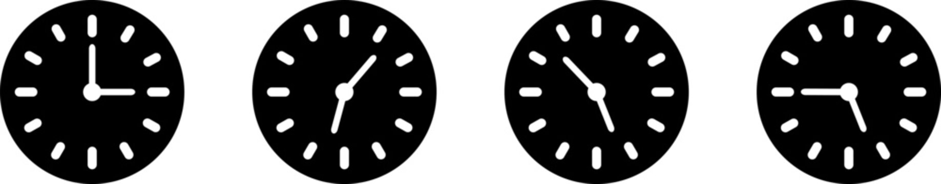 Set of clock icons. Black vector clock time. Vector illustration.