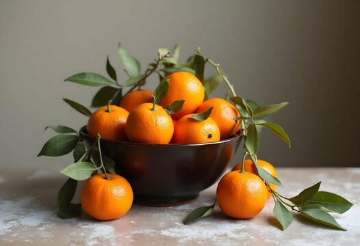 Fresh organic mandarins with green leaves in ceramic bowl on rustic table, natural citrus fruit harvest concept, healthy vegan food rich in vitamin C for clean eating and immune support - Powered by Adobe