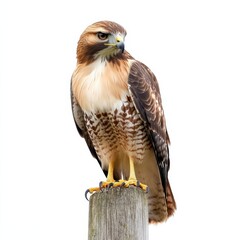 Red Tailed Hawk Perched on Post Against White Background