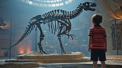 A young boy stands in front of a life-size dinosaur exhibit, expressing curiosity and excitement about the world of natural history.