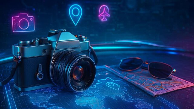 Futuristic Travel Photography Setup with Camera, Map and Glowing Holographic Icons for Digital Navigation and Tourism

