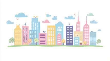 Kawaii city skyline isolated on white background