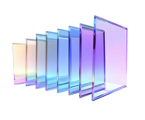 3d abstract glass square shapes in row. Iridescent crystal transparent plates, flying rainbow panels with holographic gradient, dispersion light for ui design, digital tech background