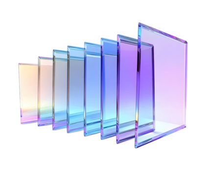 3d abstract glass square shapes in row. Iridescent crystal transparent plates, flying rainbow panels with holographic gradient, dispersion light for ui design, digital tech background