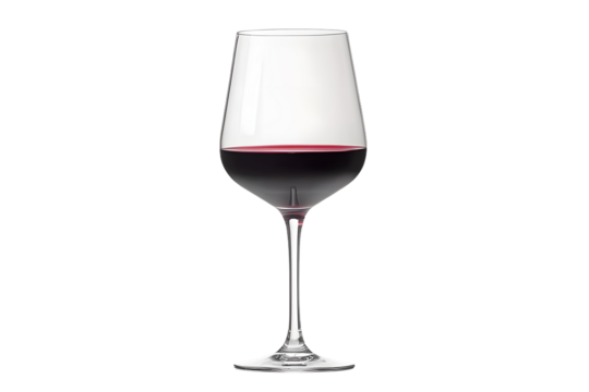 A tall, elegant wine glass filled with rich red wine, showcasing its deep color and clarity. glass stands on slender stem, highlighting sophistication of drink