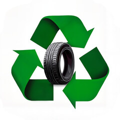 Car tire in recycling symbol on white background with eco-friendly concept