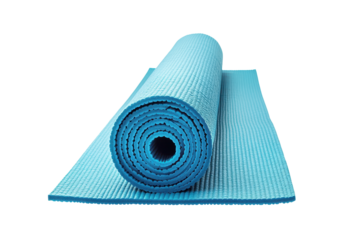 Rolled-up light blue exercise mat, designed for floor use and showing its textured surface.