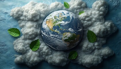Earth nestled in clouds, surrounded by leaves