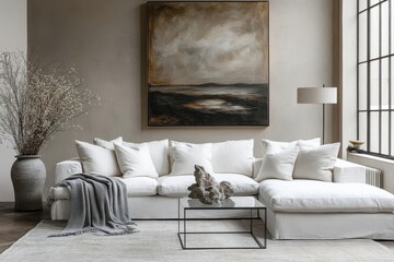 Elegant living room design featuring neutral tones, modern art, and cozy furnishings in a spacious interior