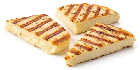 Three grilled slices of halloumi cheese isolated on white in perspective. With grill marks.