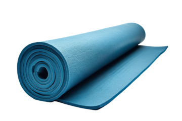 Light teal exercise mat, rolled and positioned diagonally.